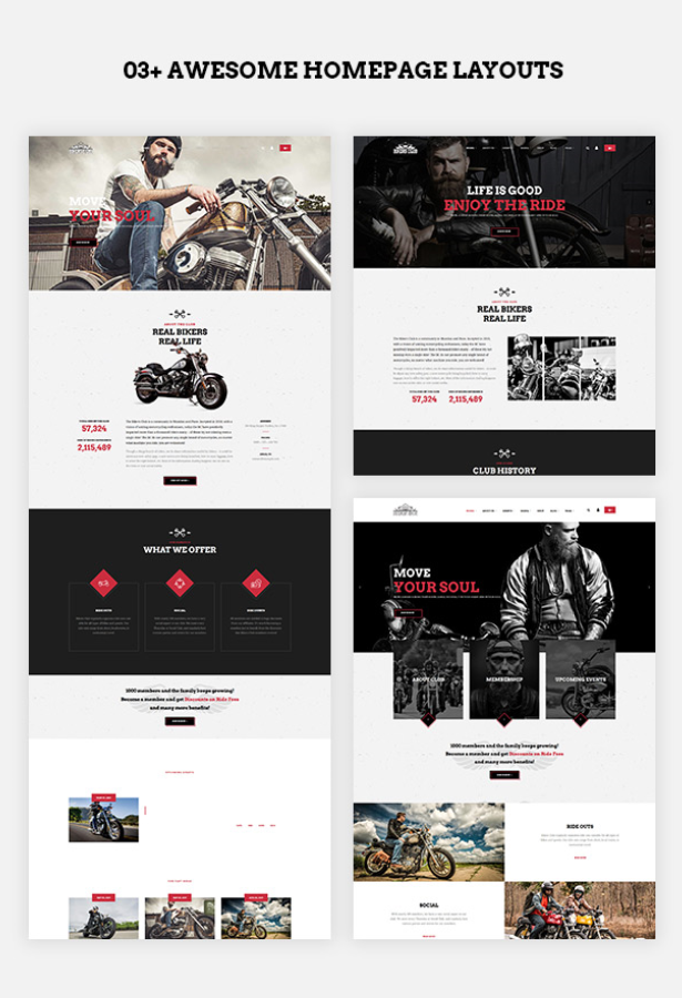 multiple homepage layouts of Bikersclub Motorcycle WordPress Theme