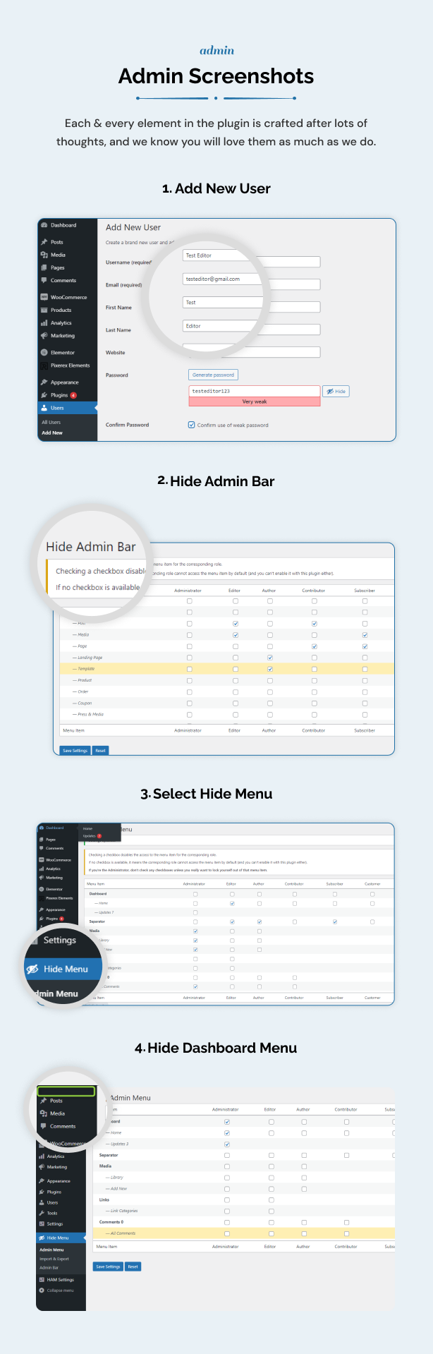 Capturas de tela do administrador do WordPress Ocultar menu do administrador