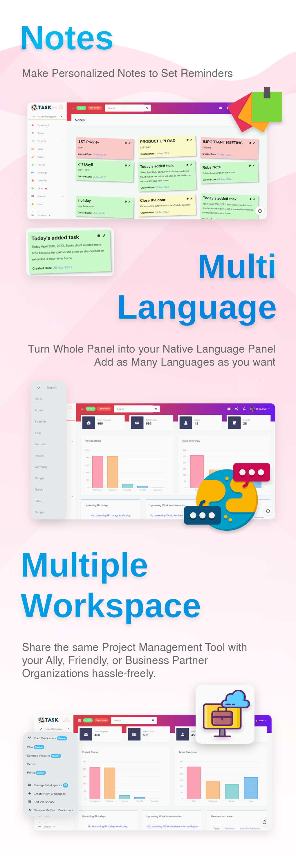 personalized sticky notes, Multi language, Multiple workspace, Activity Logs - Project management tools - Taskhub - v2.2 - 1