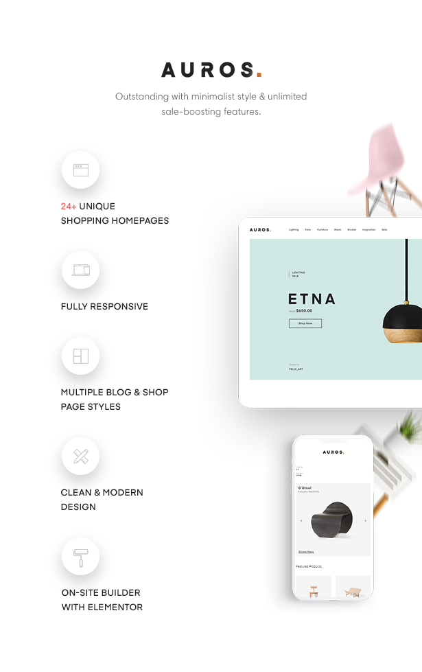 Nội thất tối giản và hiện đại của Auros Chủ đề mua sắm WordPress