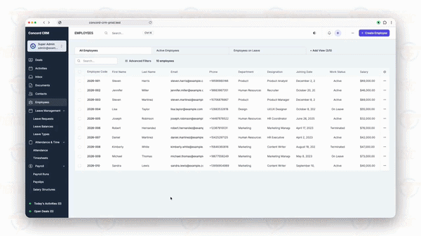HRM Module for Concord CRM - Employee Management Dashboard
