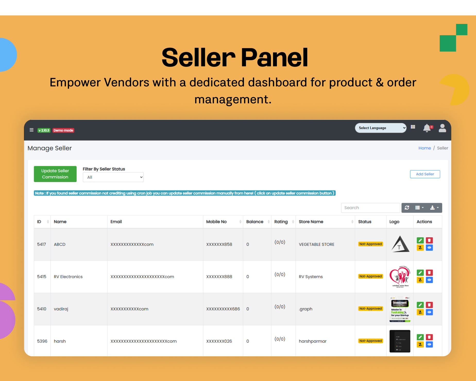 Seller Management - eShop website for Multi vendor ecommerce marketplace / CMS