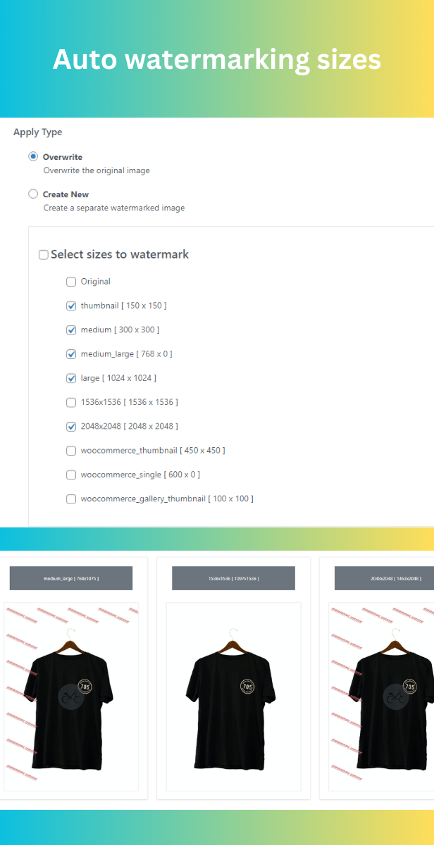 wp watermark images plugin - auto watermarking sizes select