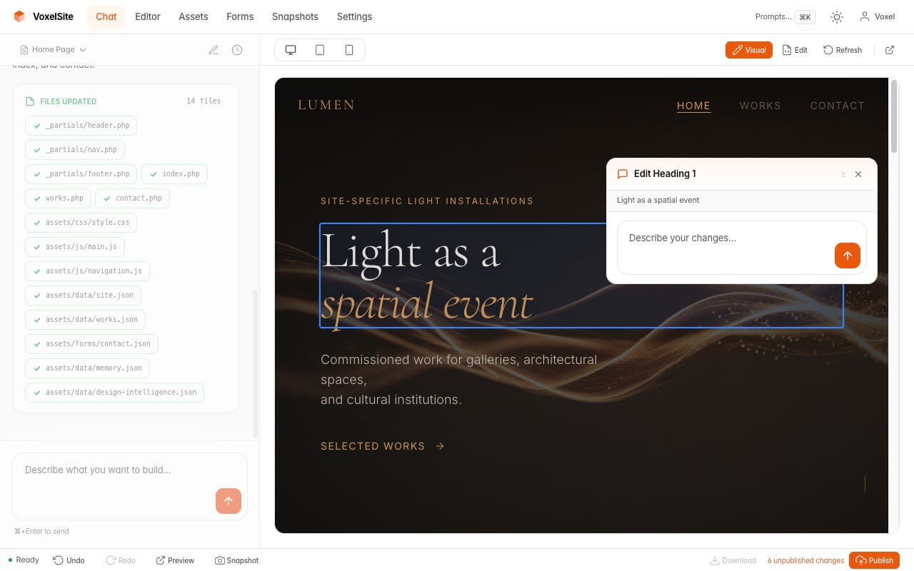 AI section editing popup with text prompt over a live website preview