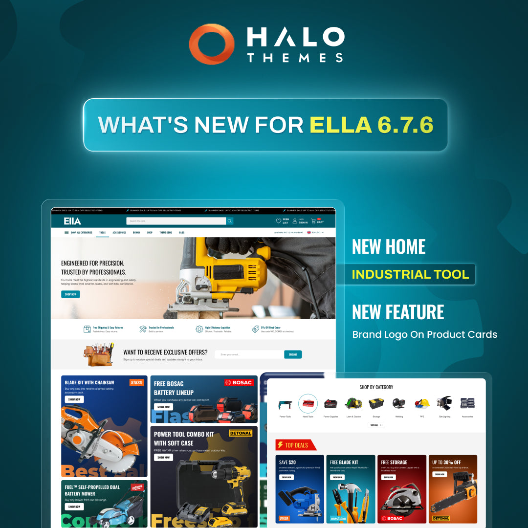 Ella Theme 6.7.6 Update – New Home 38 (Industrial Tool), Brand Logo on Product Cards, Bug Fixes & Performance Improvements