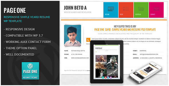 PageOne Resume Wordpress Theme