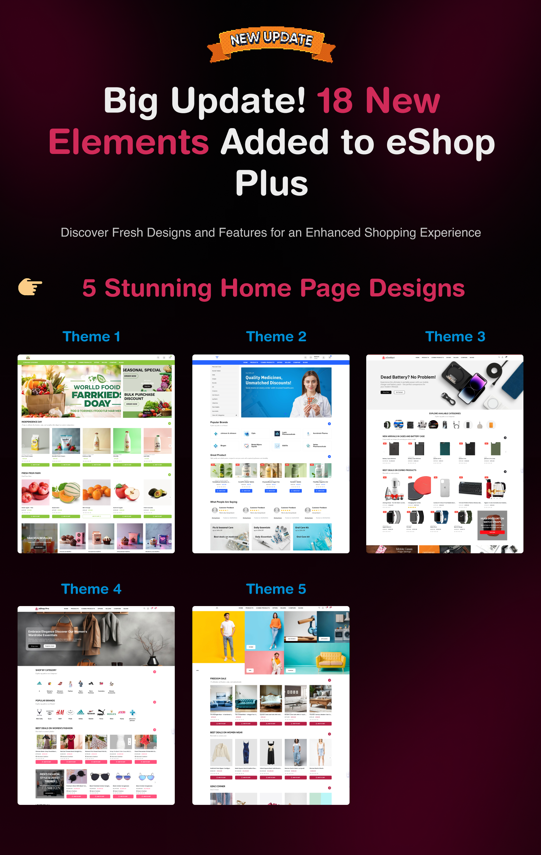 5 new homepages | eShop Plus - Multi Vendor, Multi Store, Multi Currency | eCommerce CMS Website in Laravel & Livewire