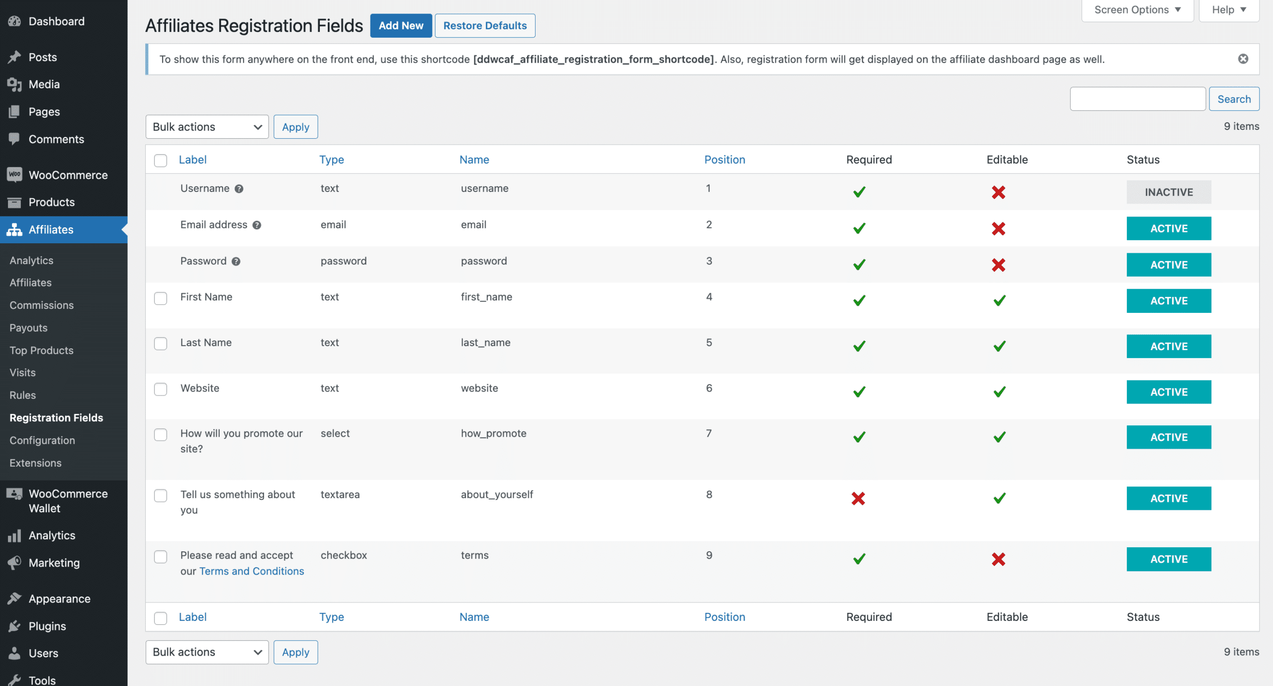 WooCommerce Affiliates Registration Fields Page