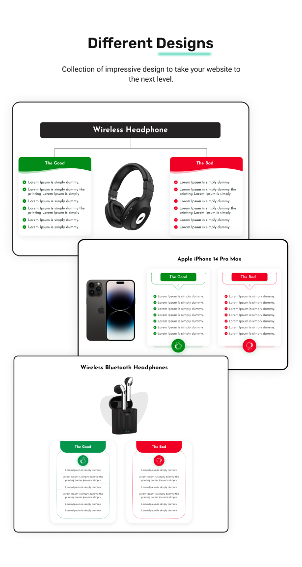 Different Designs - Advanced Product Features Showcase for Elementor