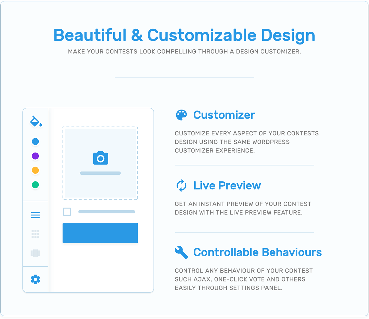 Beauty, customizer, live preview and controllable behaviours in TotalContest WordPress contest plugin.