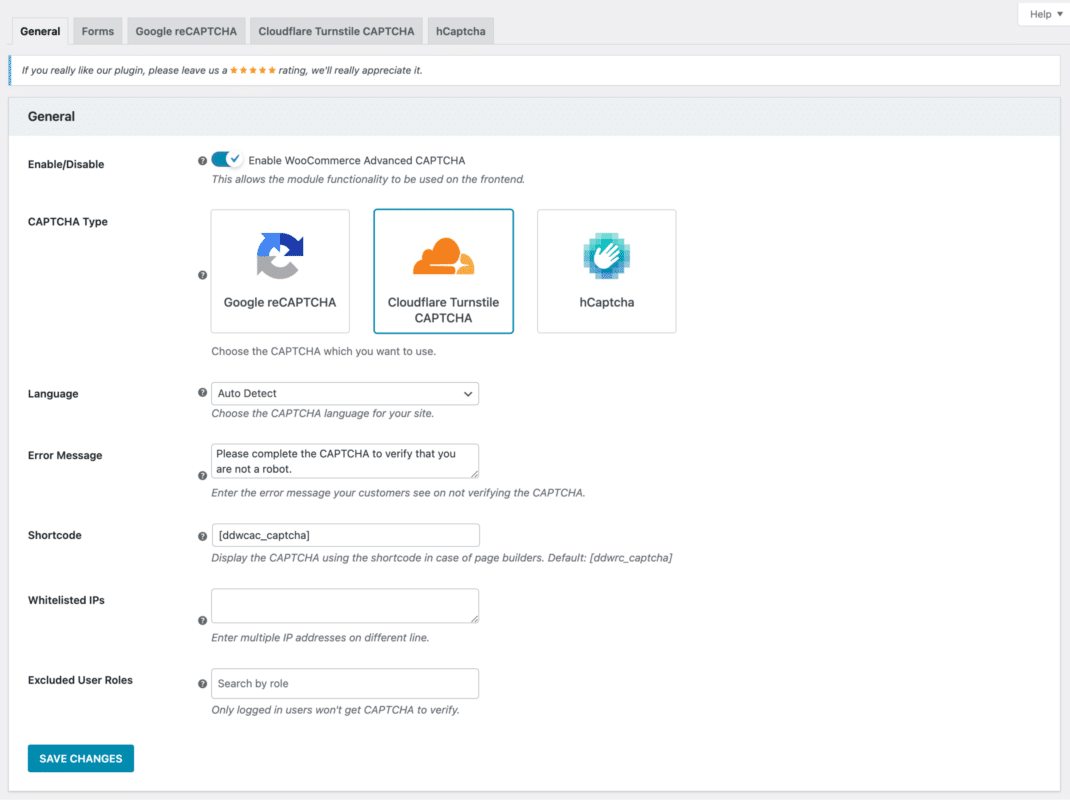 WooCommerce Advanced CAPTCHA General Configuration Page