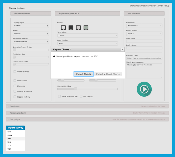 Export your Questionnaire to PDF, JSON, CSV, XML, XLS from the plugin