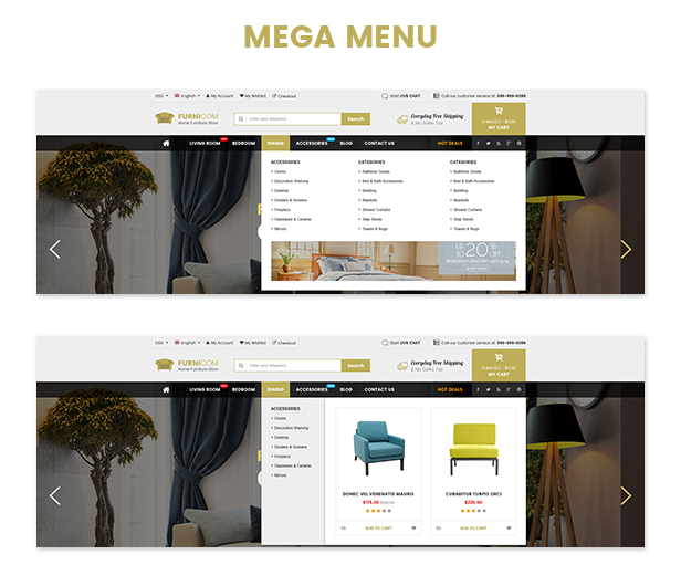 Tema WordPress de WooCommerce de Móveis Responsivos - estilos de menu