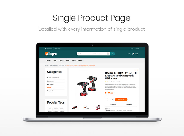 Catchy single product page in Allegro equipment WooCommerce WordPress theme