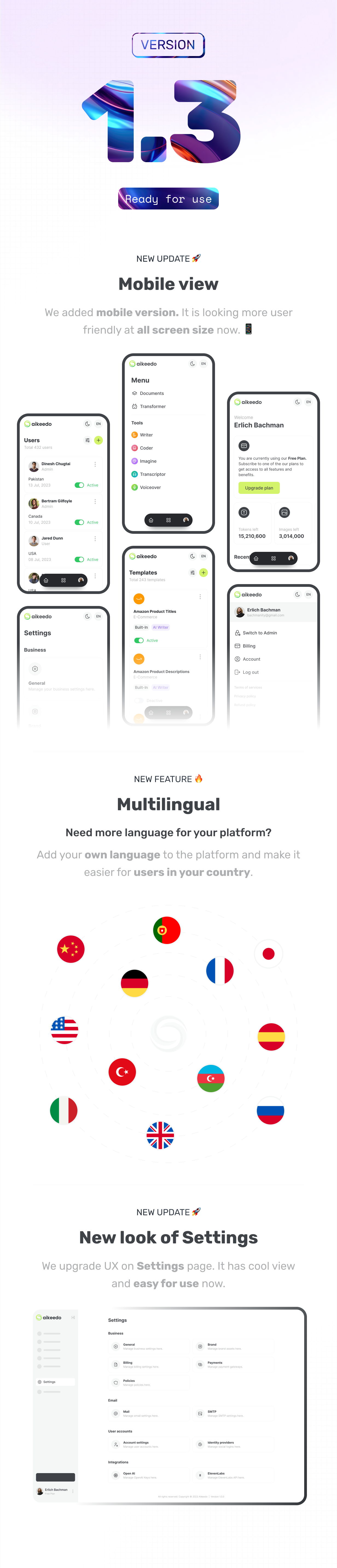 Version 1.3.0 ready for use Mobile first design, Multilingual, New look of Settings  aikeedo @heyaikeedo 