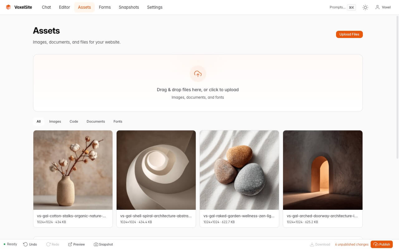 Asset manager with image uploads and drag-and-drop