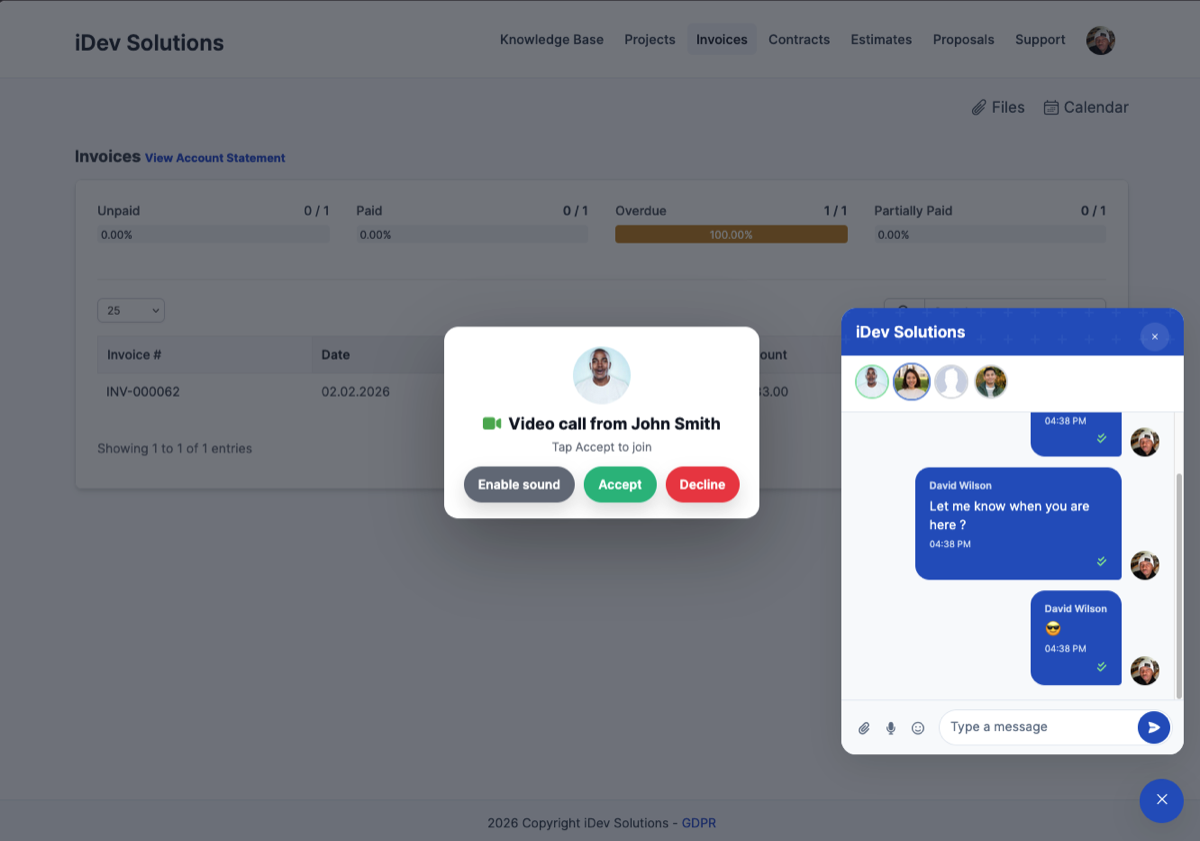 Incoming Video Call in Perfex CRM - WebRTC Call with Accept and Decline Buttons