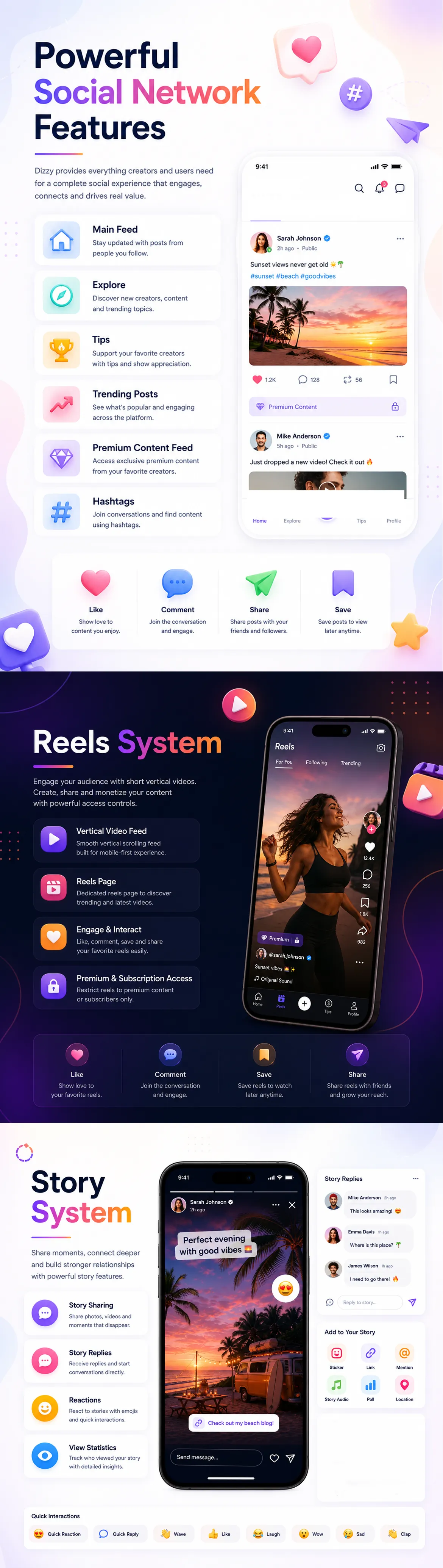 Dizzy social network feed reels stories and hashtags