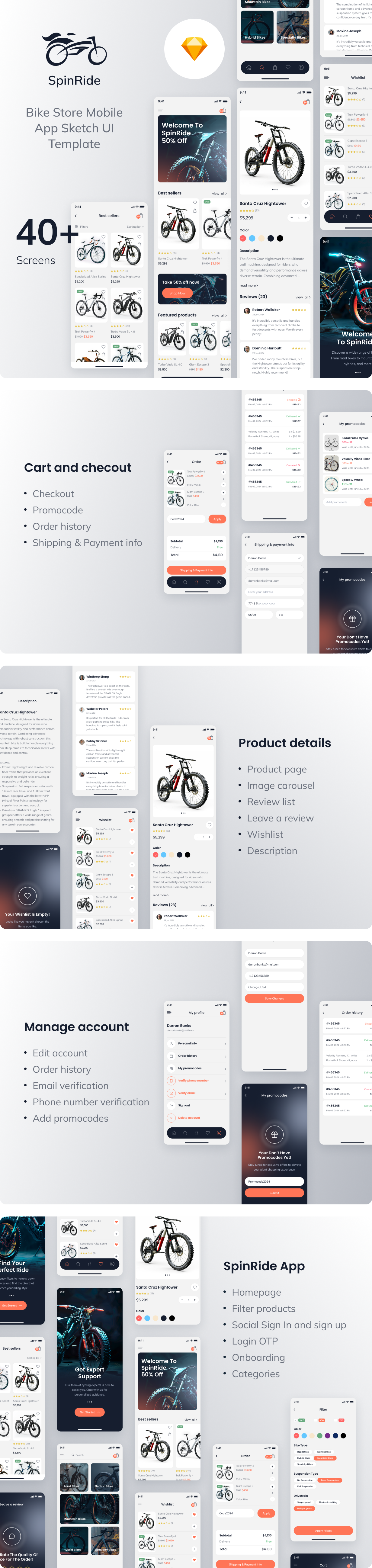 SpinRide - Bike Store Mobile App Sketch UI Template - 2