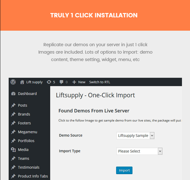 Liftsupply single product ecommerce WordPress theme with 1 click installation