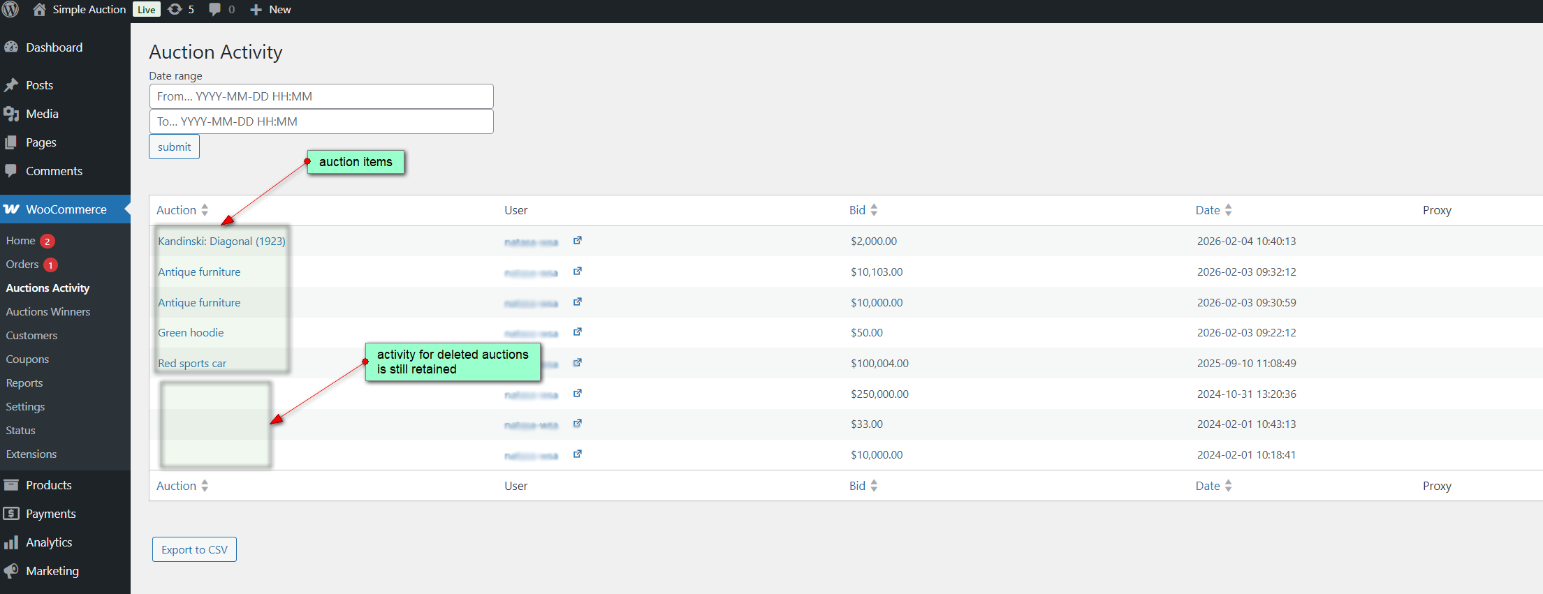 Auction activity page