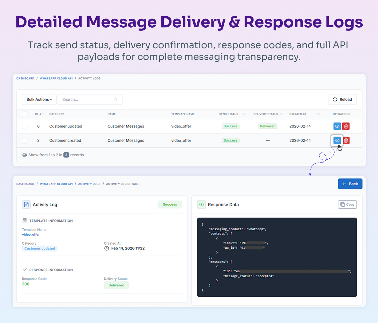 WhatsApp message activity logs with delivery status