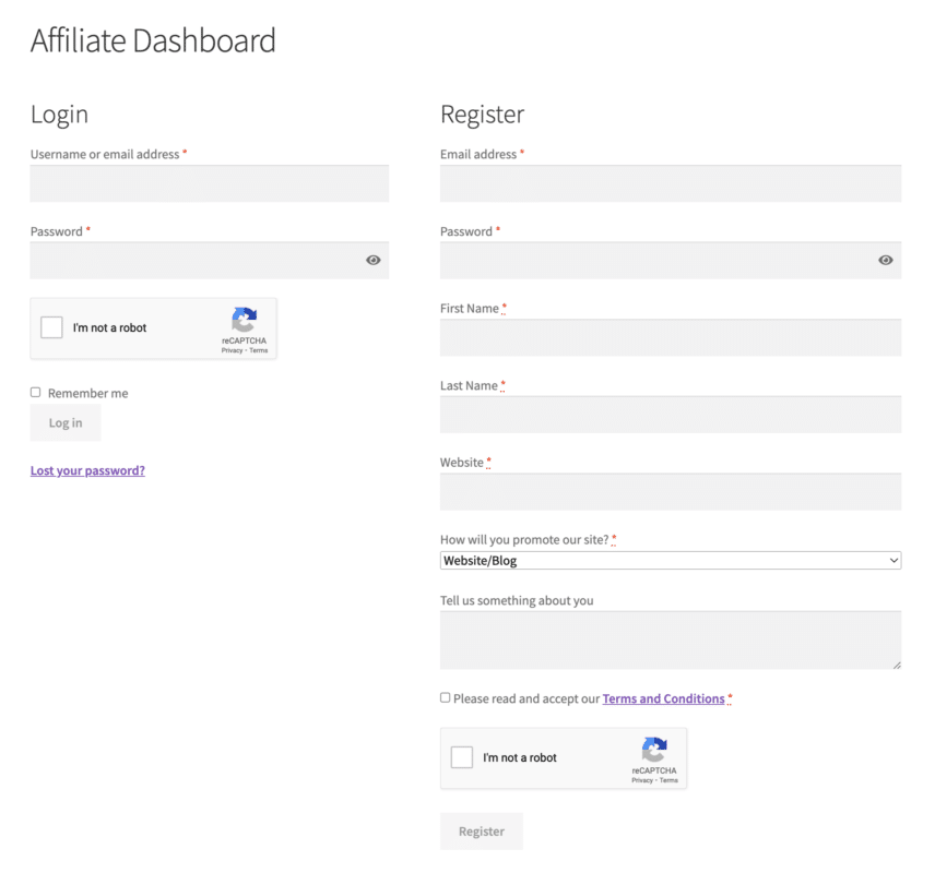 WooCommerce Advanced CAPTCHA plugin affiliate login and registration form