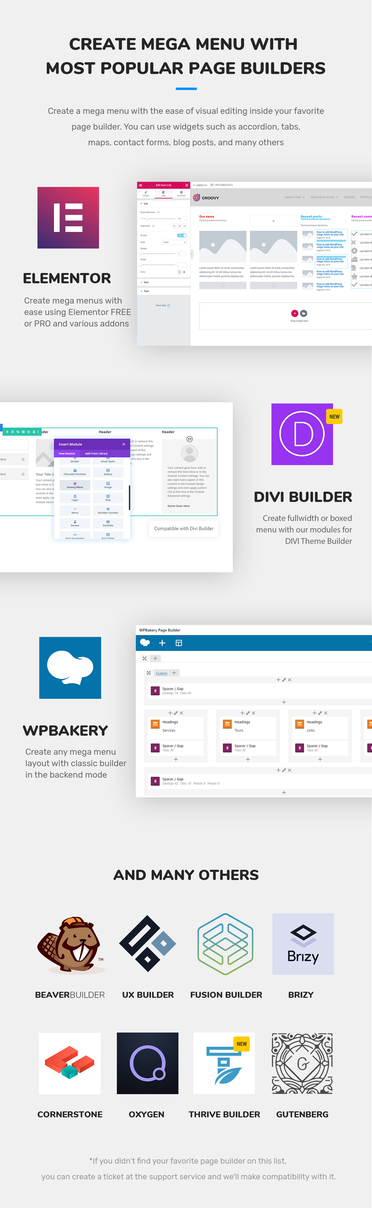Los creadores de páginas compatibles con el mega menú Groovy son un tema DIVI, Elementor Free y PRO, WPBakery, Brizy, Oxygen, Theme Fusion, Gutenberg, Beaver Builder, UX Builder de Flatsome, Cornerstone, Thrive Themes Builder 2021