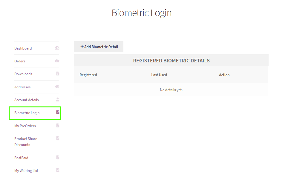 WooCommerce Biometric Login my accounts page