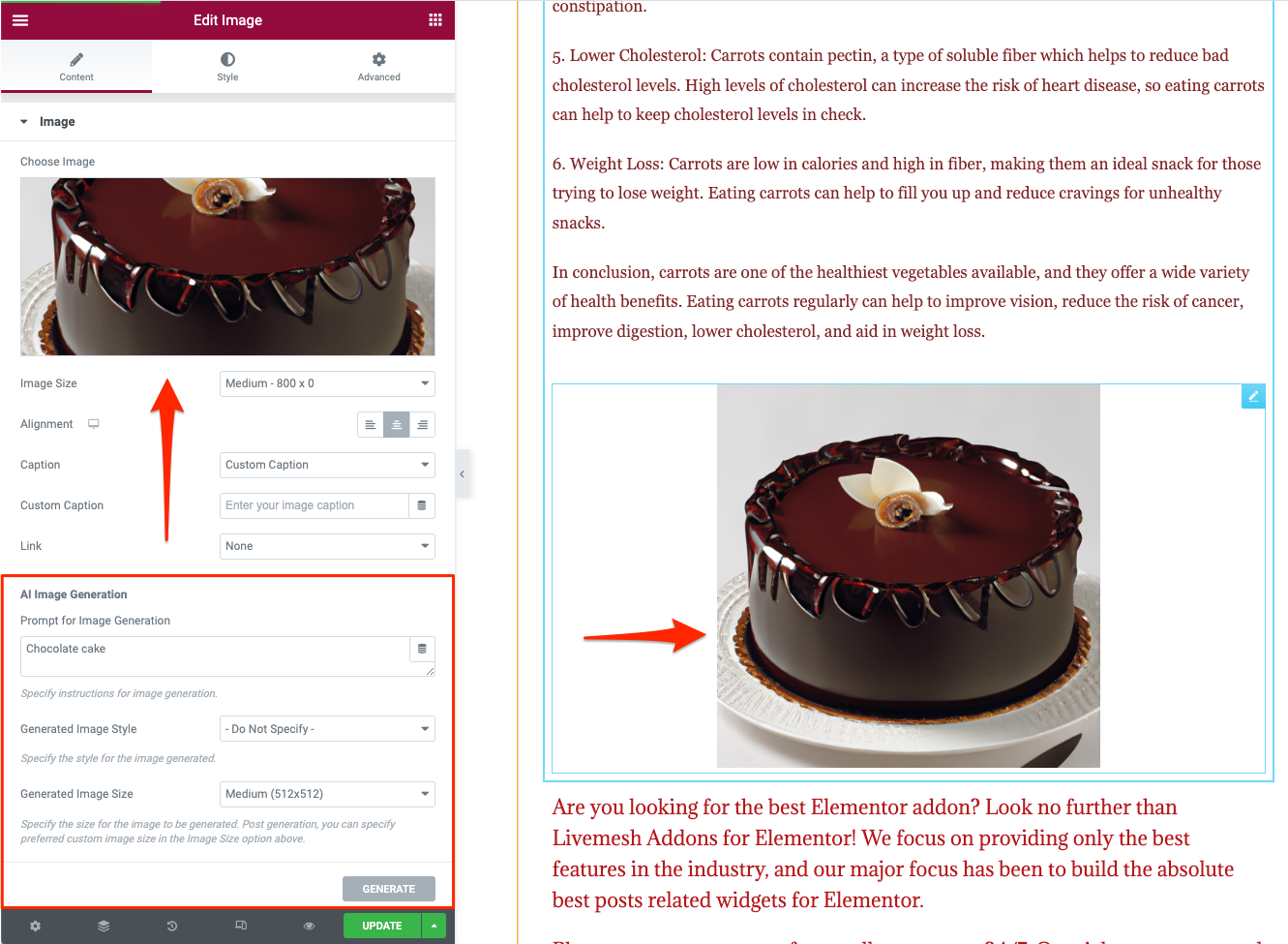 Visualização do widget de imagem nativa Elementor com geração de imagem AI