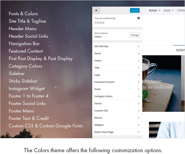 The Colors theme offers the following customization options.