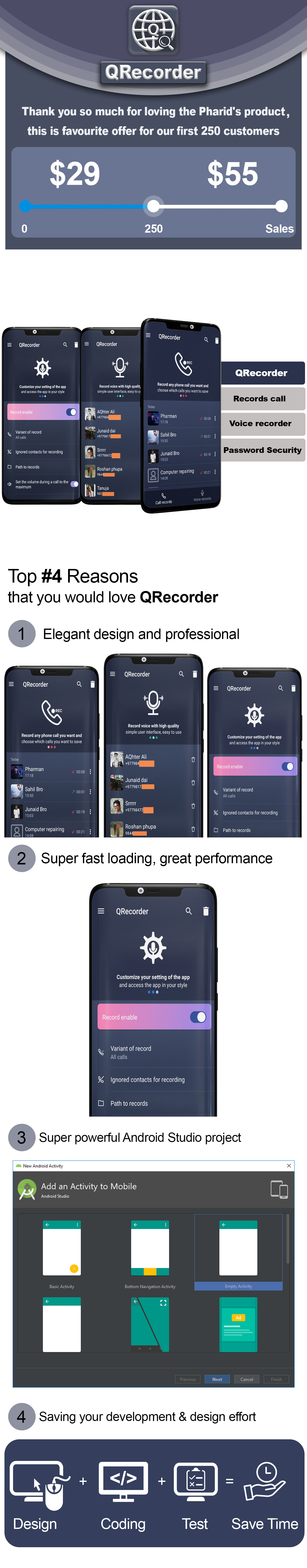 QRecorder - Call and Voice Pro | Beautiful UI, Ads Slider, Admob, Push Notification - 4