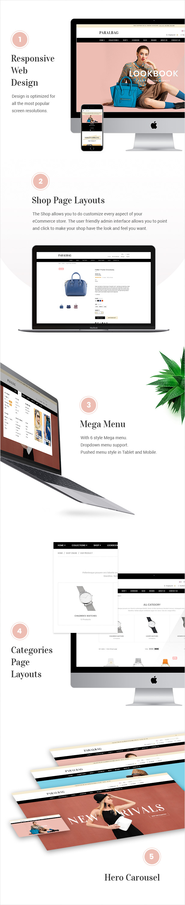 Responsive Web Design, Shop Page Layouts, Mega Menu, Category Page Layouts, Hero Carousel, Products List