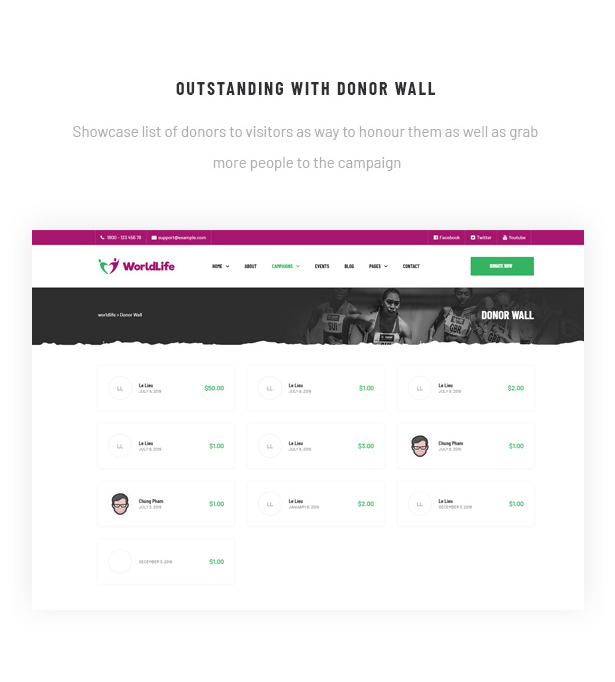 Worldlife Nonprofit WordPress Theme Donor Wall for Volunteer