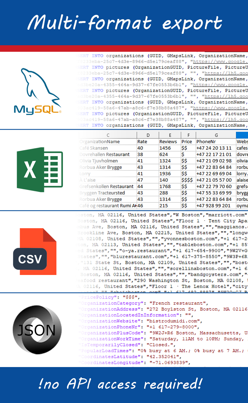 Export data from Google Maps to XLSX / CSV / MySQL / JSON