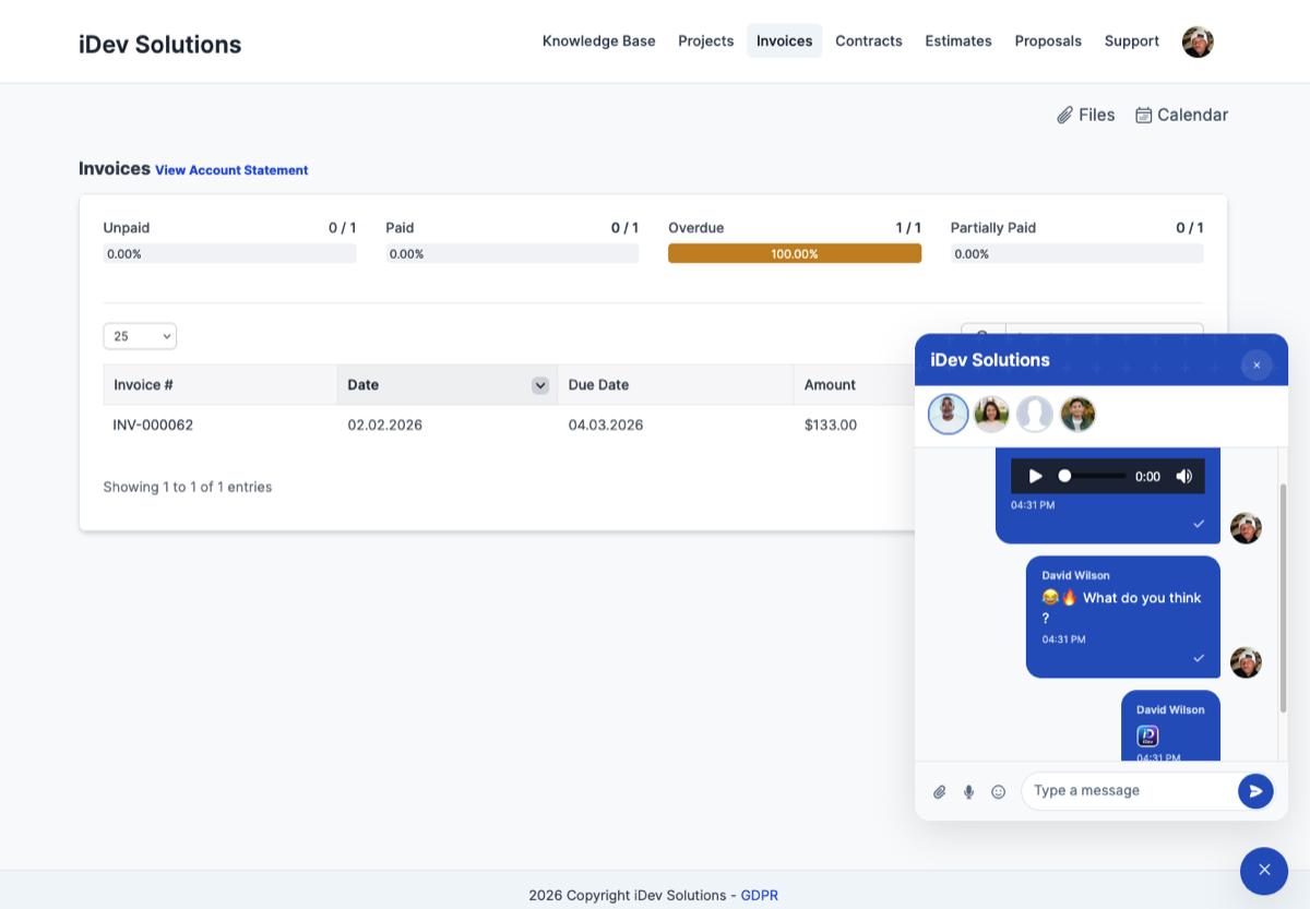 Perfex CRM Client Portal Chat - Client Area Messaging Support