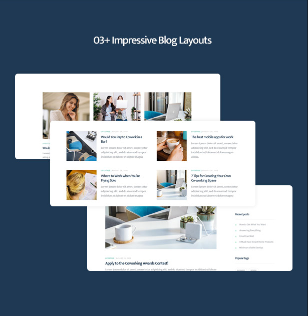 Various impressive blog pages of Coworkshop Coworking Space WordPress Theme