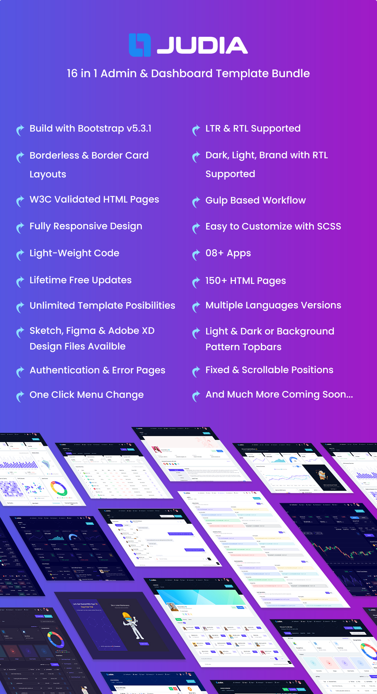 Judia - Bootstrap, React, Angular, Vuejs, Laravel, Django, ASP.Net Core, MVC5 Admin Dashboard Theme - 6