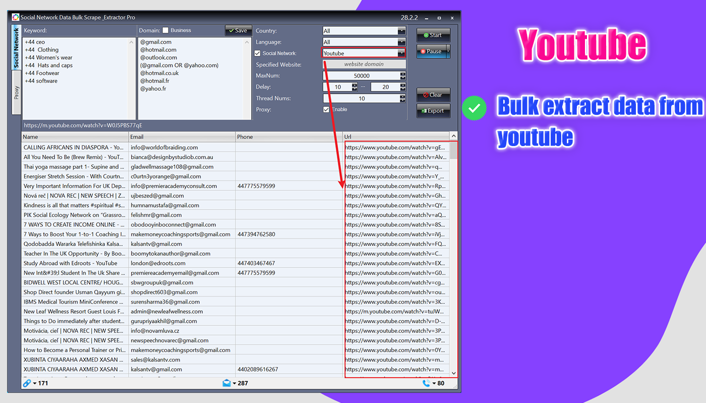 scrape emails from Youtube #fast extract email #Social network email scraper pro #Email extract from social media #email extract fast Email data mining,Outlook email extractor,Gmail email extractor,Email extractor pro,Extract emails from Google,Email scraping tool online