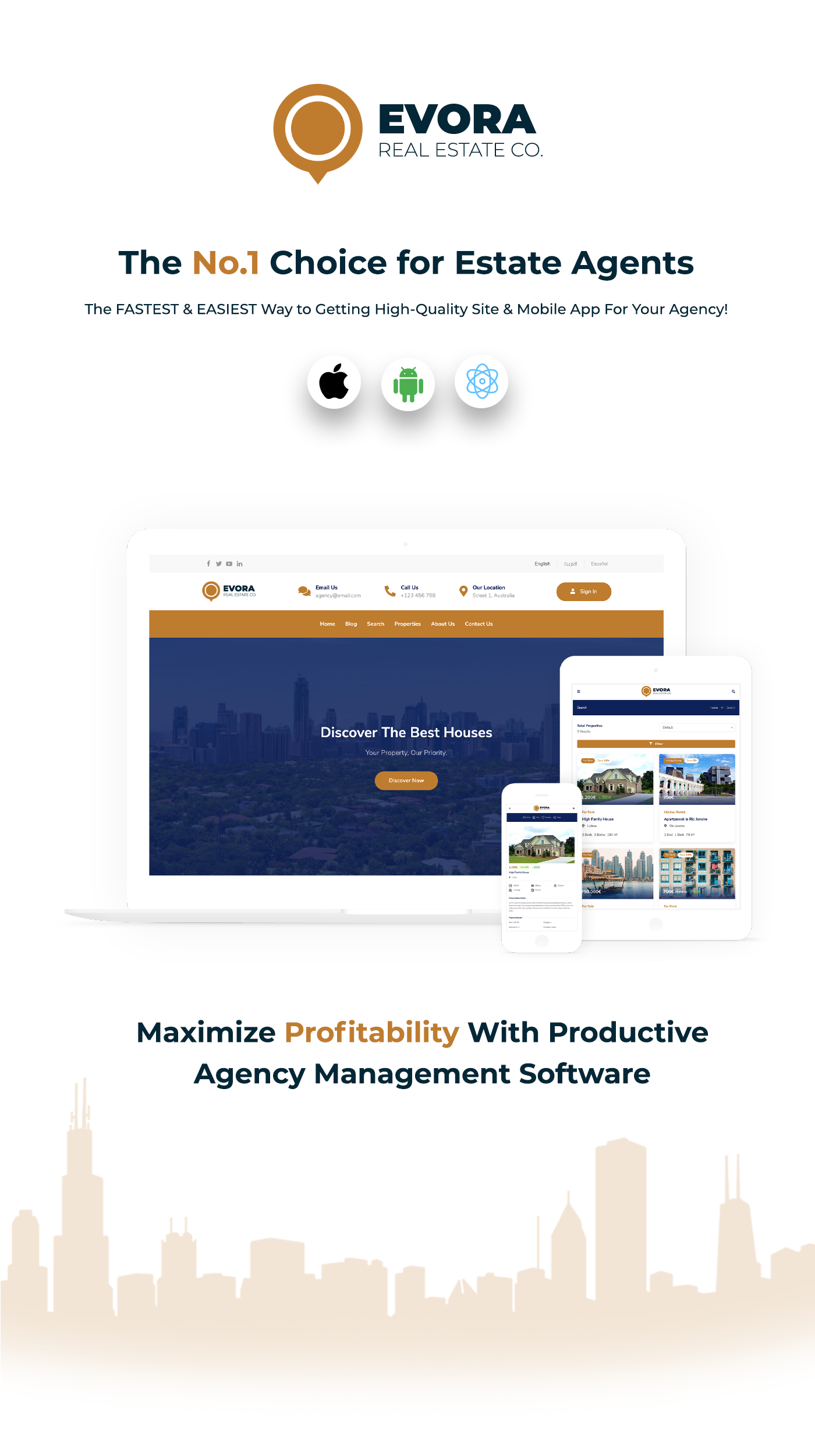 Evora - Real Estate Complete Solution React Native App - CMS + RTL + Multi languages