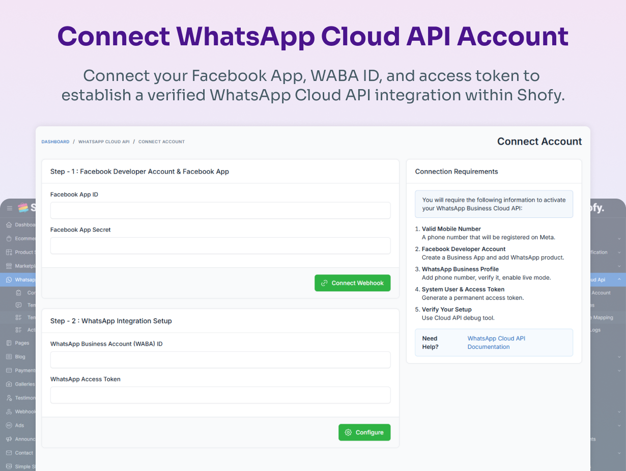 WhatsApp Cloud API integration for Shofy dashboard overview