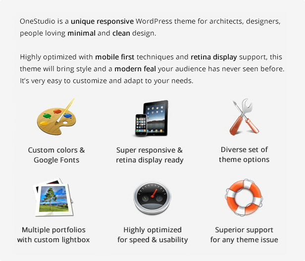 OneStudio is a unique WordPress theme for architects, designers, people loving minimal and clean design.