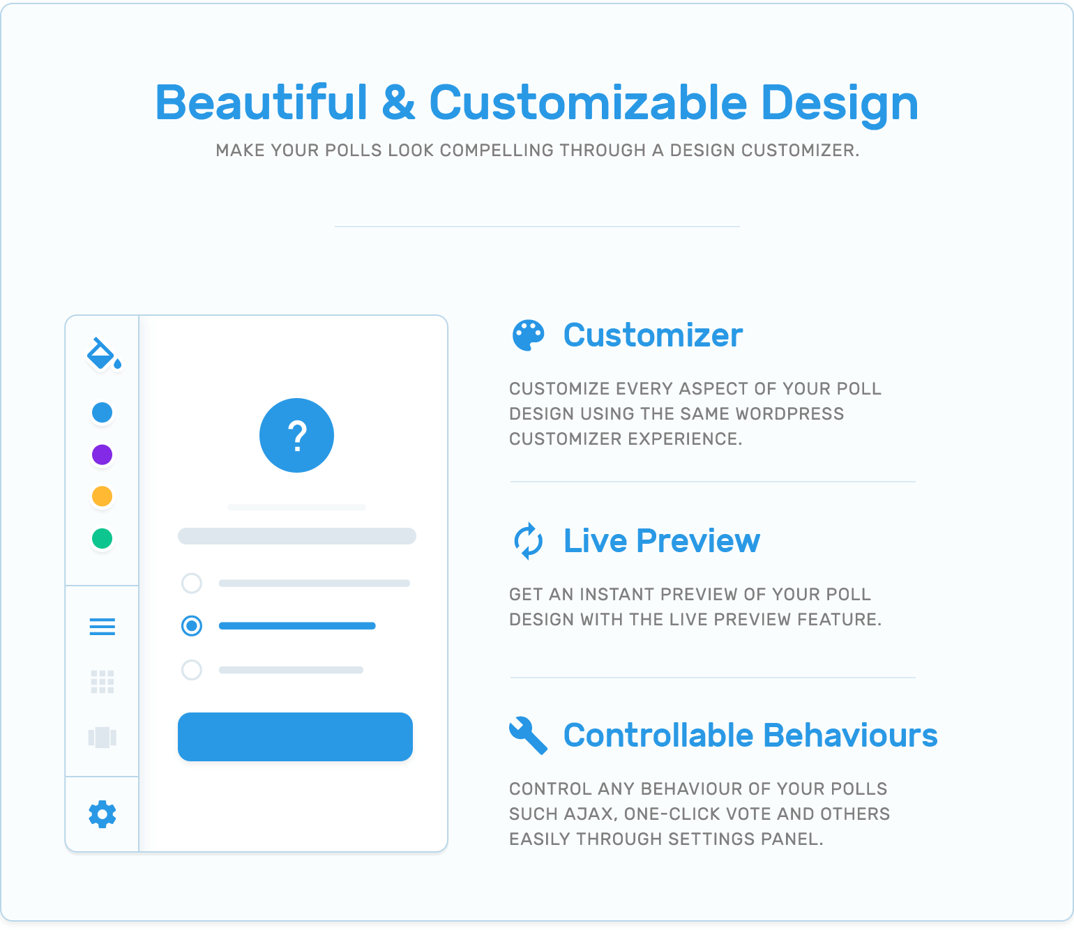 Beauty, customizer, live preview and controllable behaviors in TotalPoll WordPress poll plugin.