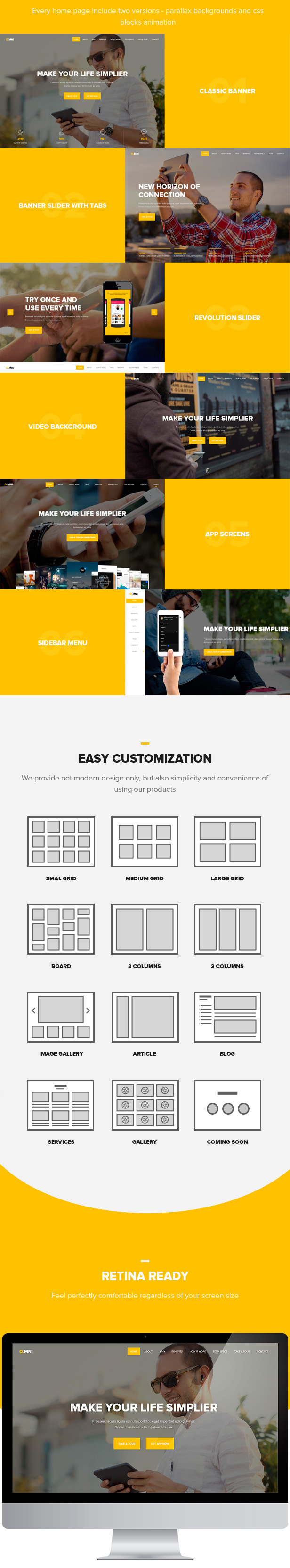 Easy Customization, Grids, Board, Image Gallery, Gallery, Blog, Services, Coming Soon, Sidebar Menu, Video Background