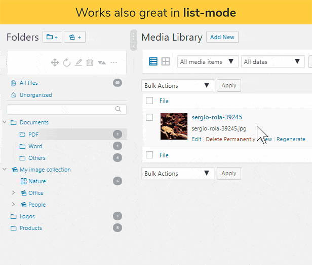 Fonctionne également très bien en mode liste : Real Media Library avec une bibliothèque multimédia WordPress en mode liste