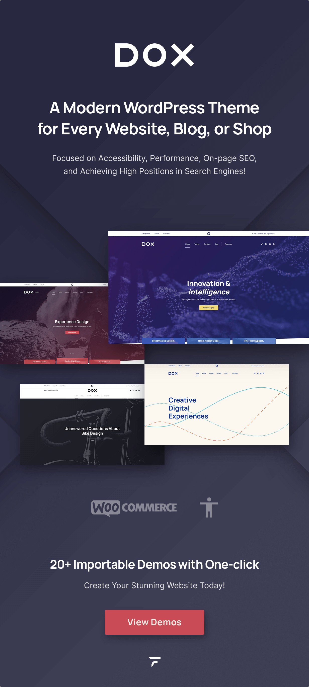 A Modern WordPress Theme for Every Website, Blog, or Shop. Focused on Accessibility, Performance, On-page SEO, and Achieving High Positions in Search Engines! 20+ Importable Demos with One-click.