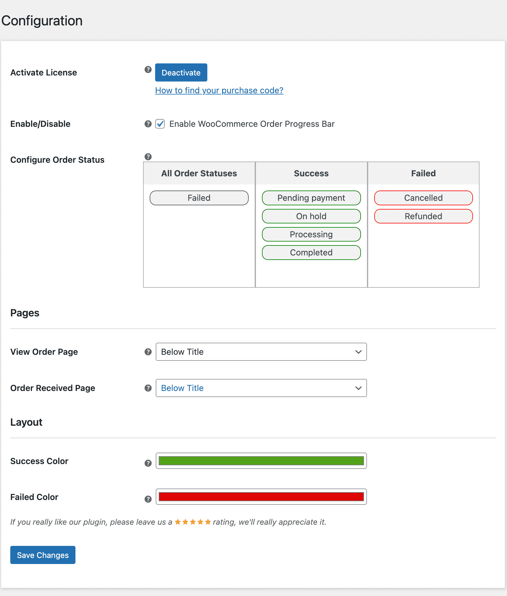 Página de configuração da barra de progresso do pedido WooCommerce