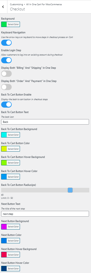 WooCommerce All In One Cart Checkout Customizer Controls