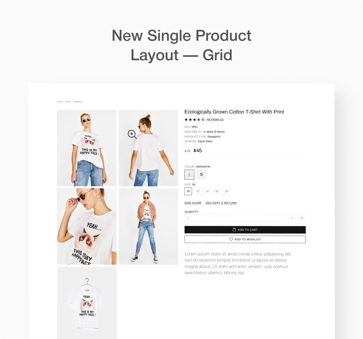 Product info page, grid layout.