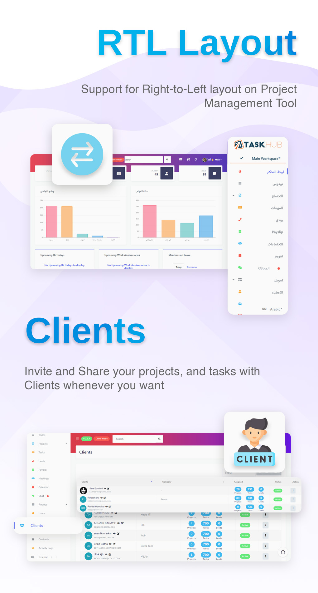 RTL Layout and Invite & Manage Clients - Taskhub - 2